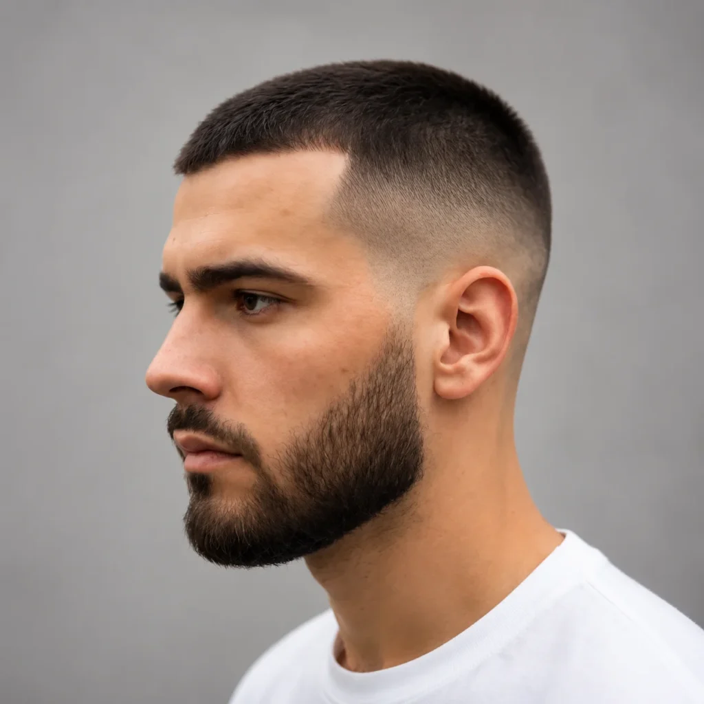Side profile of a young man with dark hair in a precise crew cut and well-groomed beard, wearing a white T-shirt, against a smooth gray studio background – ideal for showcasing low taper fade hairstyles.