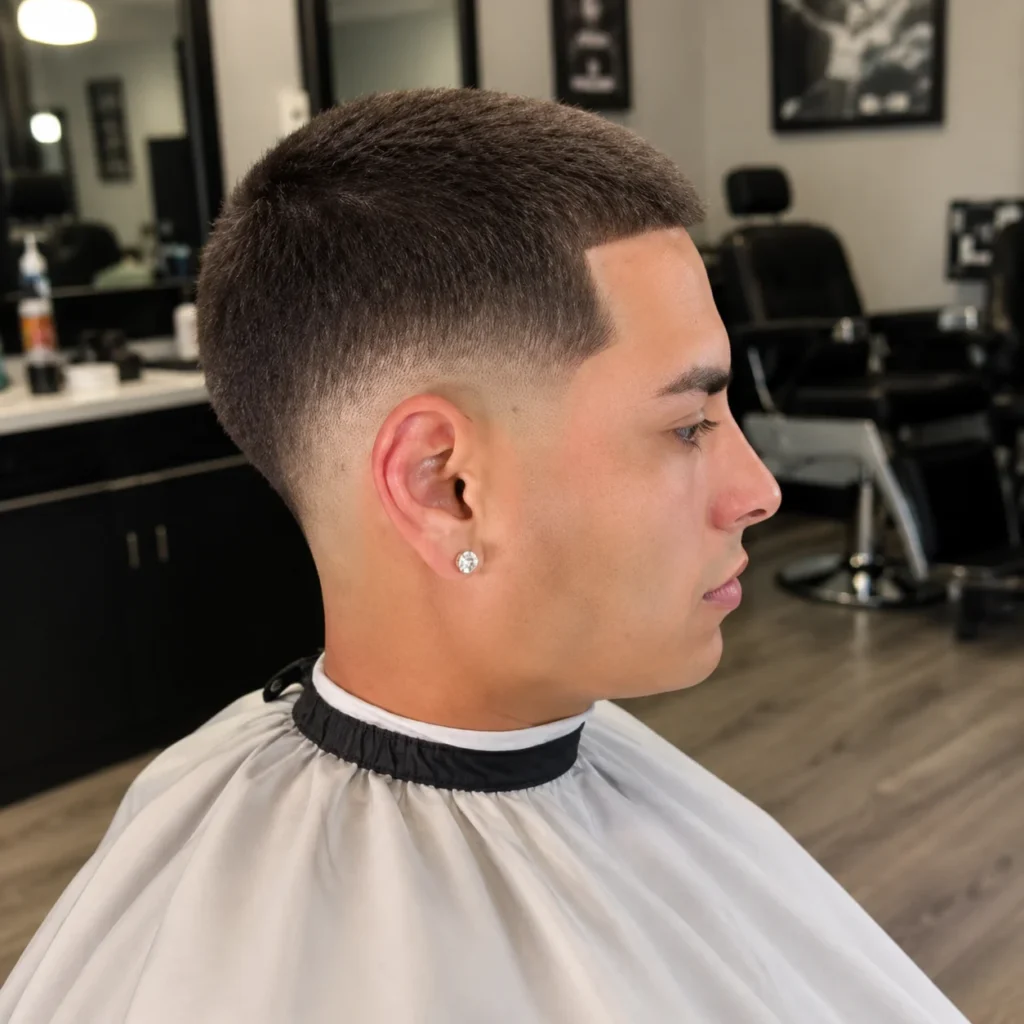 Tampilan profil samping seorang pria muda dengan potongan rambut buzz cut low fade yang rapi di barbershop modern dalam ruangan, menampilkan rambut gelap bertekstur, gradasi fade yang halus, dan cape barber berwarna putih.
