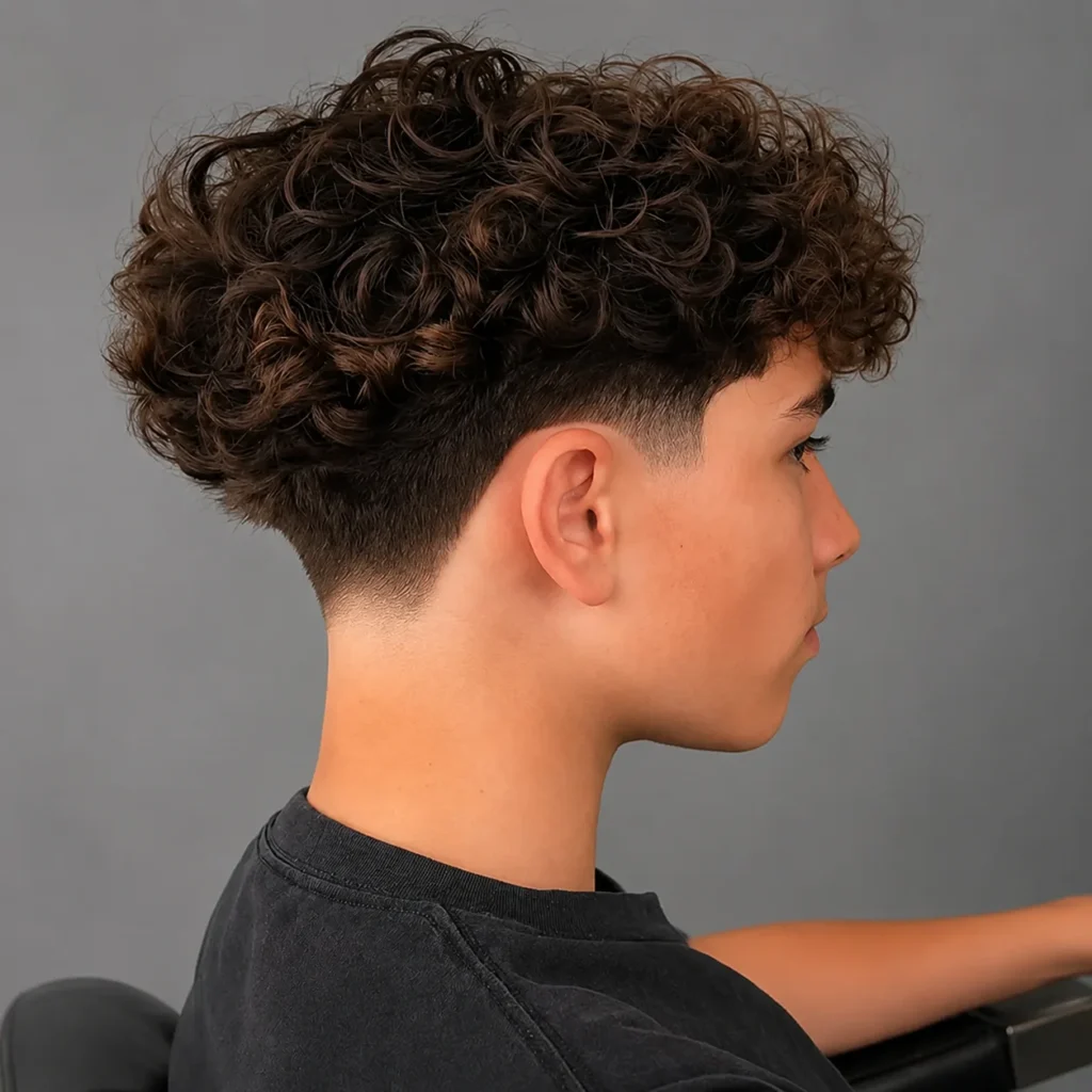 Tampak samping seorang pria muda dengan rambut keriting gelap dan potongan rambut **low taper fade** modern, mengenakan kaus hitam, duduk di kursi dengan latar belakang studio abu-abu netral — menampilkan gaya potongan rambut fade yang stylish dan sedang tren.
