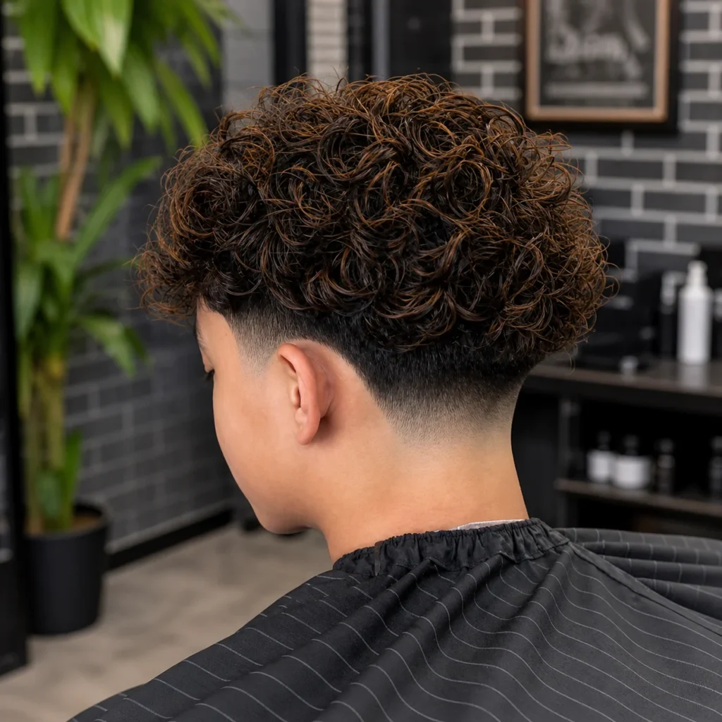 Potongan rambut curly taper fade tampak dari belakang, menampilkan ikal alami yang tegas di bagian atas dengan perpaduan low fade yang halus, garis leher rapi, dan hasil akhir khas barbershop modern.
