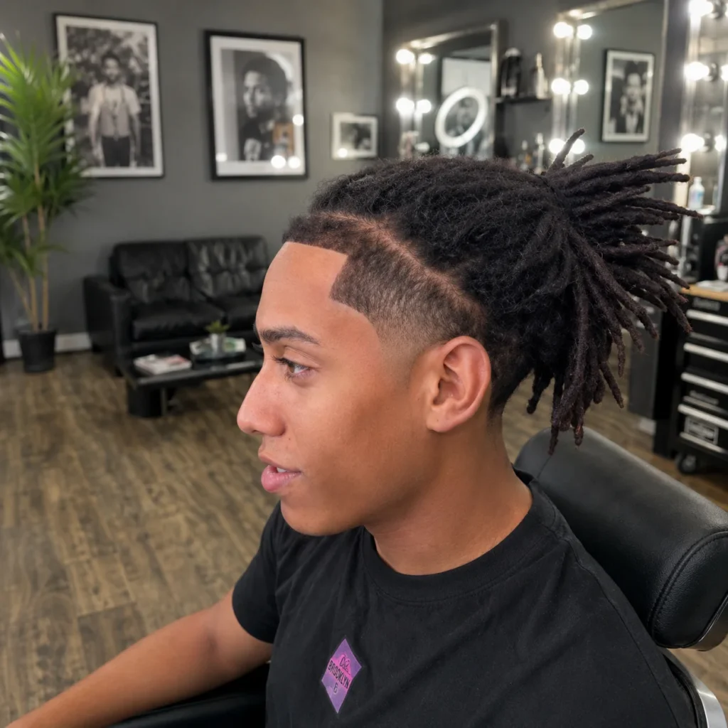 Pria muda dengan gaya rambut **dreadlocks low taper** sedang duduk di barbershop modern, dengan potongan **fade** yang tajam dan garis rambut yang rapi serta bersih.
