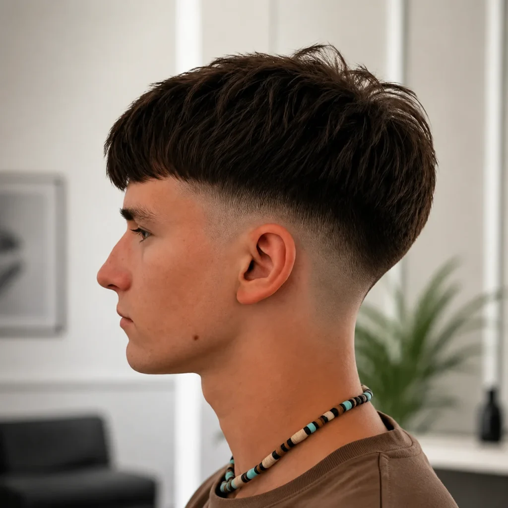 Pria muda dengan gaya rambut **taper fade** yang stylish dan potongan **bowl cut**, tampak dari samping, mengenakan kalung manik-manik, dengan latar belakang indoor modern — contoh sempurna dari gaya potongan rambut fade yang trendi.
