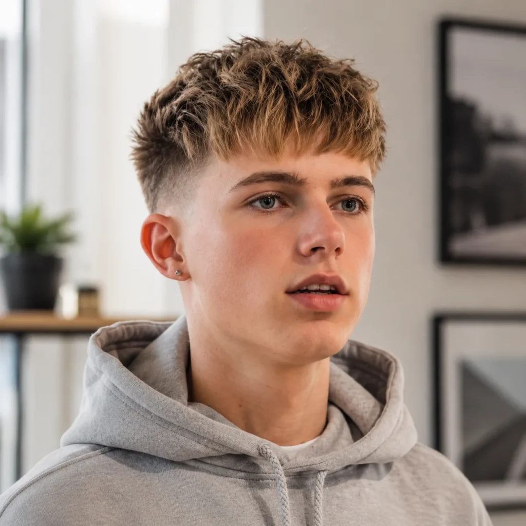 Pria muda dengan potongan rambut **low taper fade** bertekstur dan rambut pirang yang berantakan (messy), mengenakan hoodie abu-abu kasual, tampak dari samping di suasana indoor modern dengan latar belakang blur — contoh ideal gaya potongan rambut fade yang trendi.
