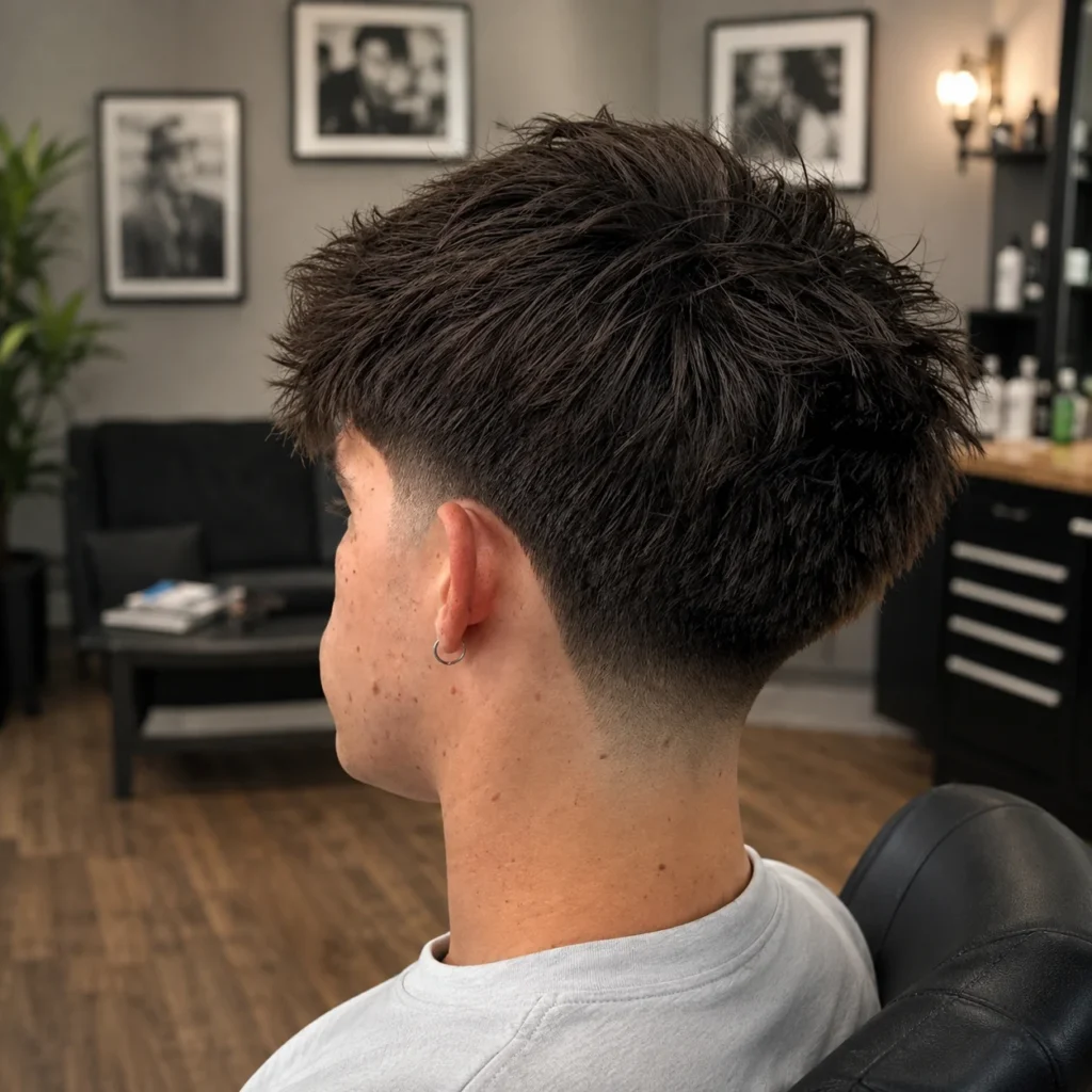 Pria muda dengan potongan rambut bertekstur acak (messy) dan **low taper fade**, duduk di barbershop modern dengan sisi rambut yang rapi dan gradasi fade bersih, rambut berwarna cokelat tua.