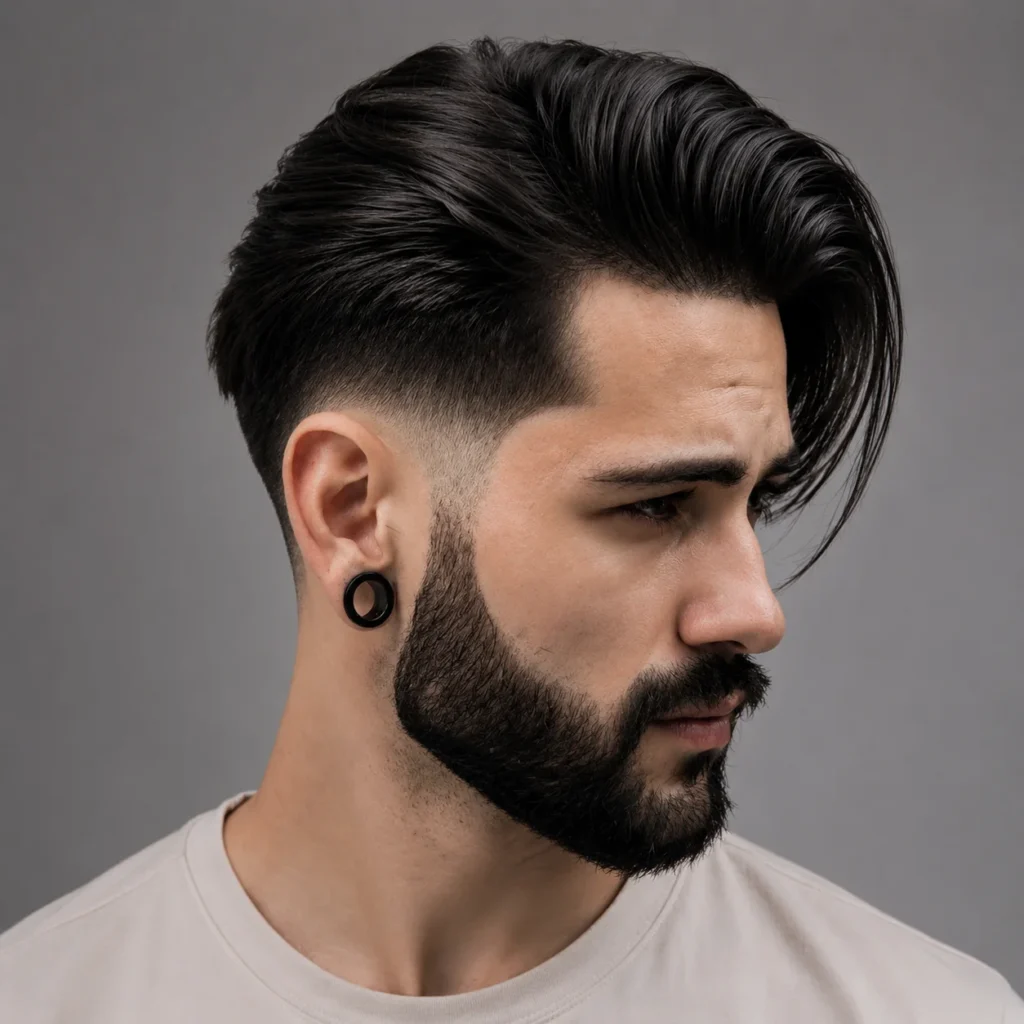 Tampak samping close-up seorang pria muda dengan gaya rambut **undercut** yang tegas dan bagian atas rambut bervolume yang disisir ke belakang, berjanggut penuh dan rapi, mengenakan kaus berwarna krem muda serta anting gauge hitam, dengan latar belakang studio abu-abu netral — menampilkan potongan rambut fade yang modern dan stylish.