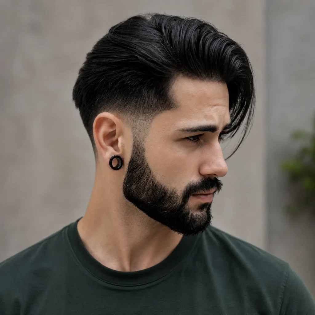 Potongan rambut undercut fade yang stylish dengan bagian atas panjang bertekstur dan janggut penuh, menampilkan taper samping yang tajam dan potret gaya rambut maskulin modern.
