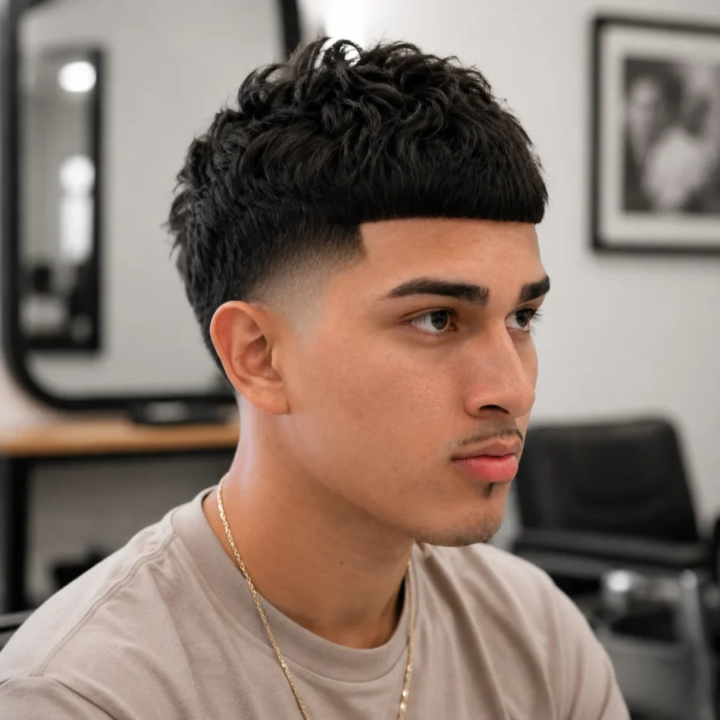 Pria muda dengan potongan rambut bertekstur yang tajam dan **low taper fade**, tampak samping, mengenakan kaus berwarna krem (beige) dan kalung emas, berada di barbershop modern dengan latar belakang yang diburamkan — contoh sempurna gaya potongan rambut fade yang trendi.