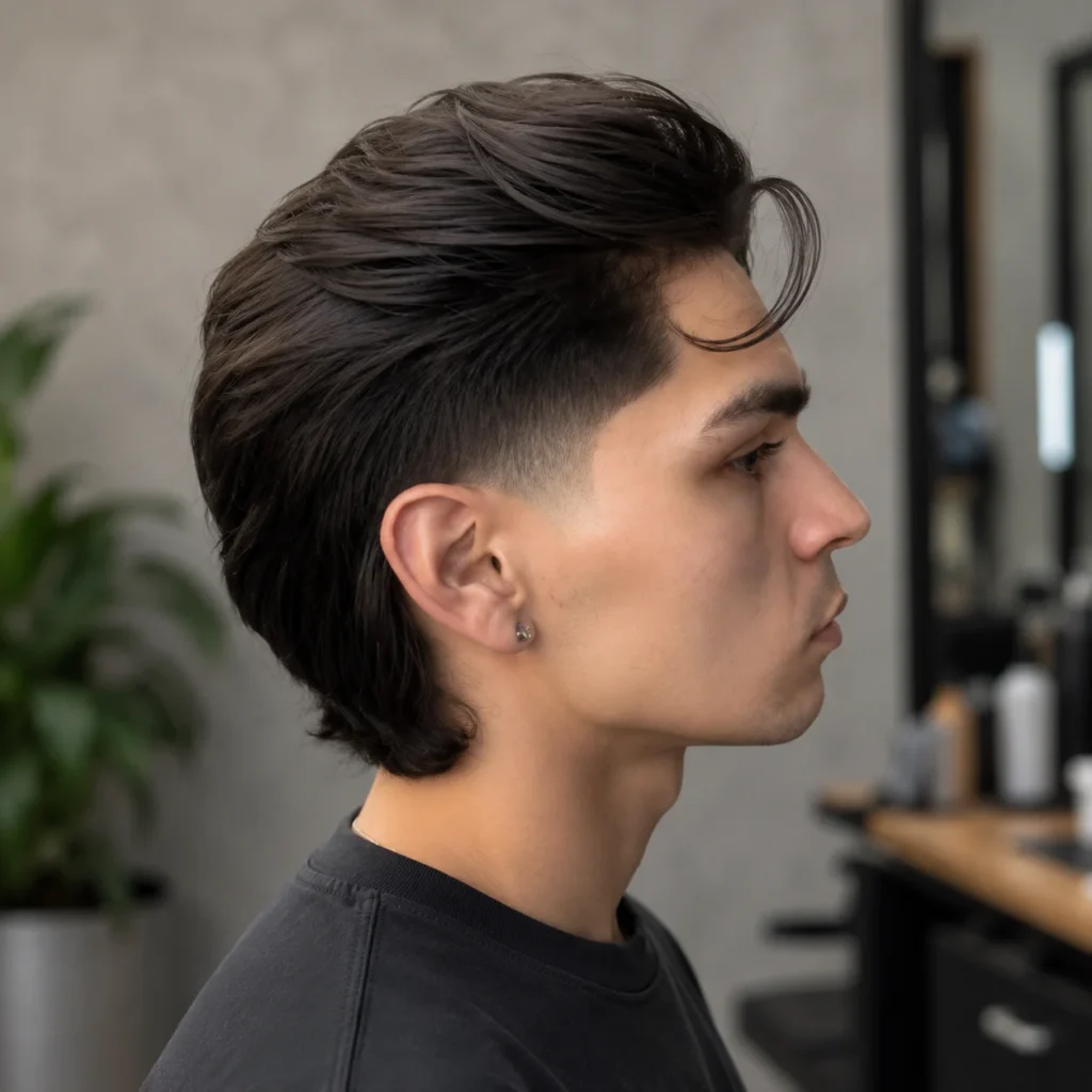 Tampak samping seorang pria muda dengan potongan rambut sleek mullet fade, menampilkan rambut gelap panjang yang disisir ke belakang, sisi samping dengan low fade yang rapi, serta tekstur modern yang stylish di suasana barbershop yang keren.
