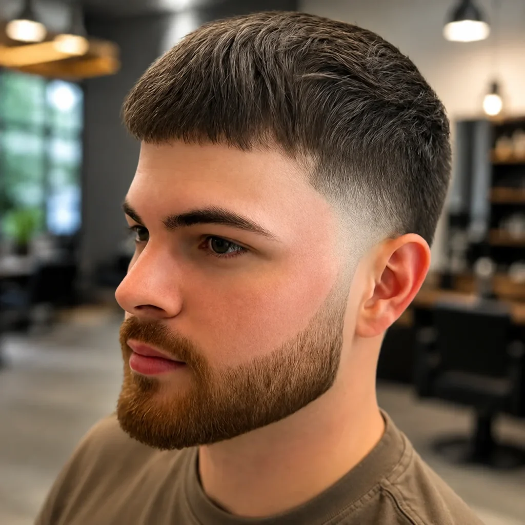 Pria muda dengan potongan rambut **low taper fade** yang rapi dan tajam serta janggut yang dipangkas dengan rapi, ditata di dalam suasana barbershop modern.