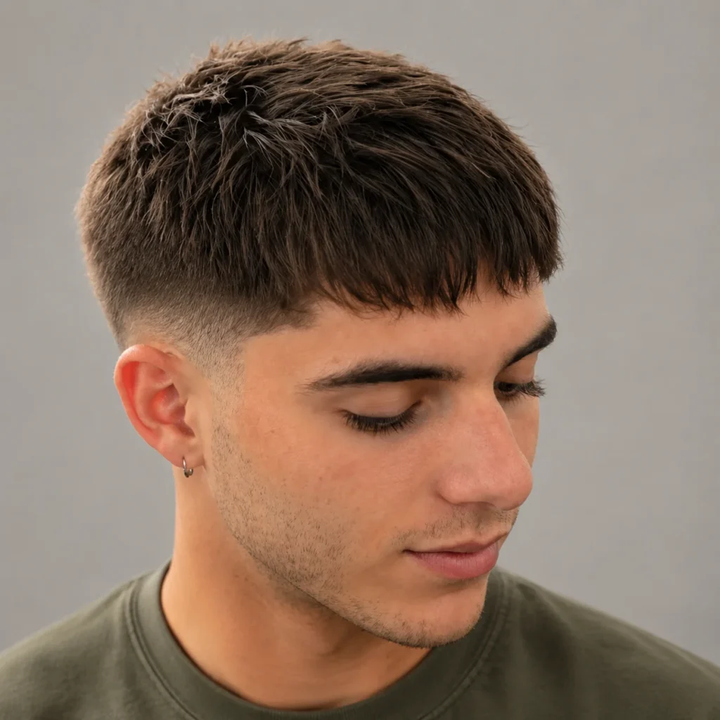 **Foto close-up seorang pria muda dengan potongan rambut low taper fade French crop, menampilkan rambut gelap bertekstur dan janggut tipis yang rapi. Ia mengenakan kemeja hijau zaitun dengan latar belakang studio berwarna abu-abu. Gaya rambut ini menampilkan perpaduan modern antara French crop dan low taper fade, menciptakan tampilan yang stylish, bersih, dan sangat populer untuk pria masa kini.**
