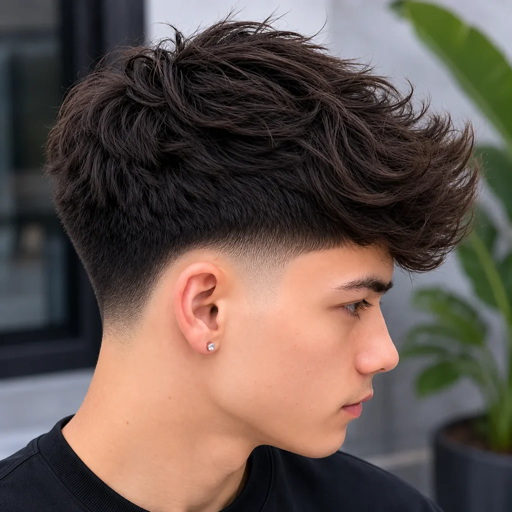 Potongan rambut low taper fade dengan rambut tebal bertekstur dan fluffy, serta styling profil samping yang rapi untuk inspirasi gaya rambut pria modern.
