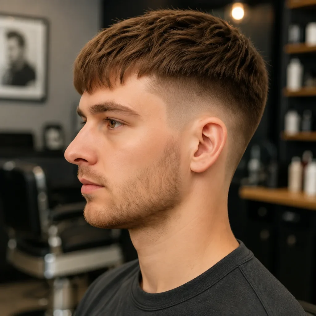 Pria muda dengan potongan rambut **fade** cokelat bertekstur yang tajam dan sedikit janggut tipis (stubble), difoto dari samping di dalam barbershop modern.