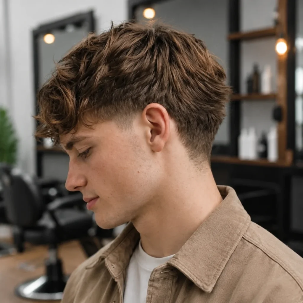 Pria muda dengan potongan rambut **low taper fade** cokelat bergelombang, mengenakan jaket berwarna krem (beige), difoto dari samping di dalam barbershop modern.