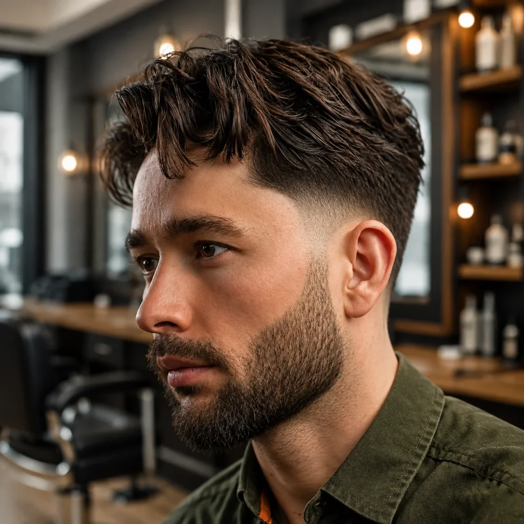 Tampak samping seorang pria muda dengan potongan rambut **low taper fade** cokelat bergelombang, mengenakan jaket berwarna krem (beige), berada di barbershop modern dengan interior yang stylish dan pencahayaan yang lembut.