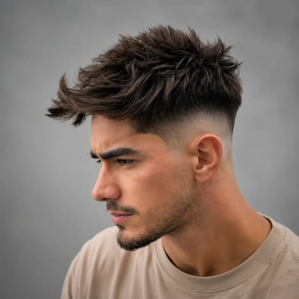 Tampak samping seorang pria muda dengan rambut gelap bertekstur dan berduri (spiky) yang ditata dengan potongan **fade** modern, memiliki rambut wajah tipis, mengenakan kaus berwarna krem (beige), dengan latar belakang studio abu-abu yang halus — ideal untuk menampilkan gaya potongan rambut fade kontemporer.