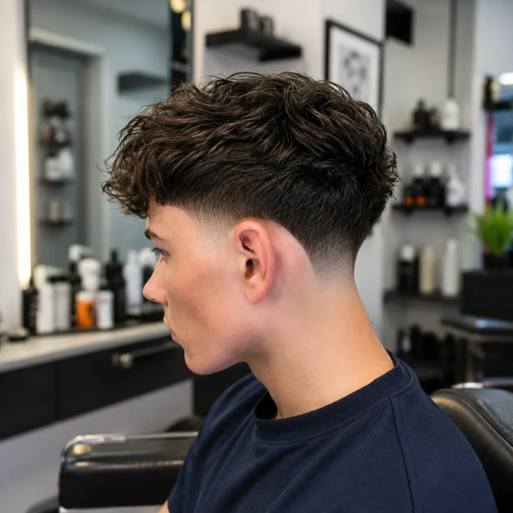 Pria muda dengan rambut fluffy bertekstur dan potongan low taper fade yang rapi di barbershop modern.
