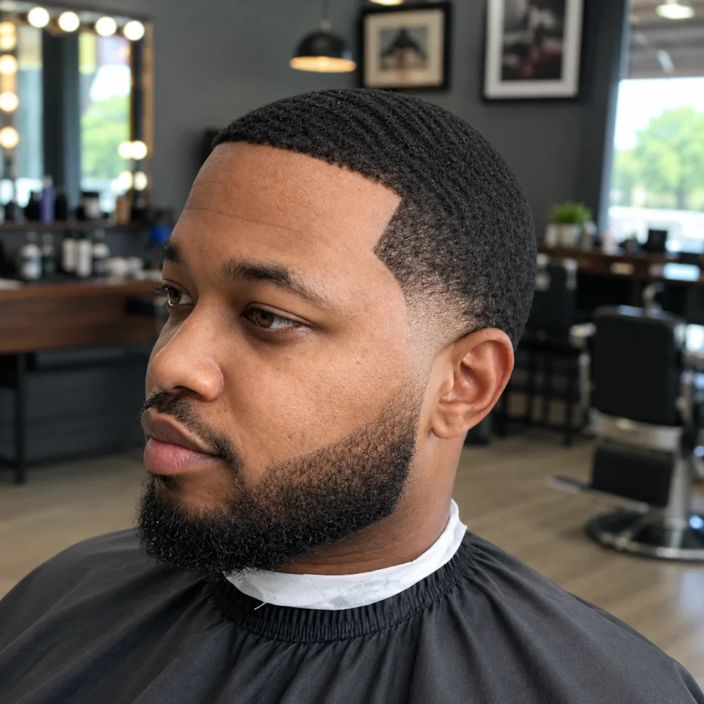 Potongan rambut low taper fade dengan gaya 360 waves dan garis janggut tajam, diambil di suasana barbershop modern.
