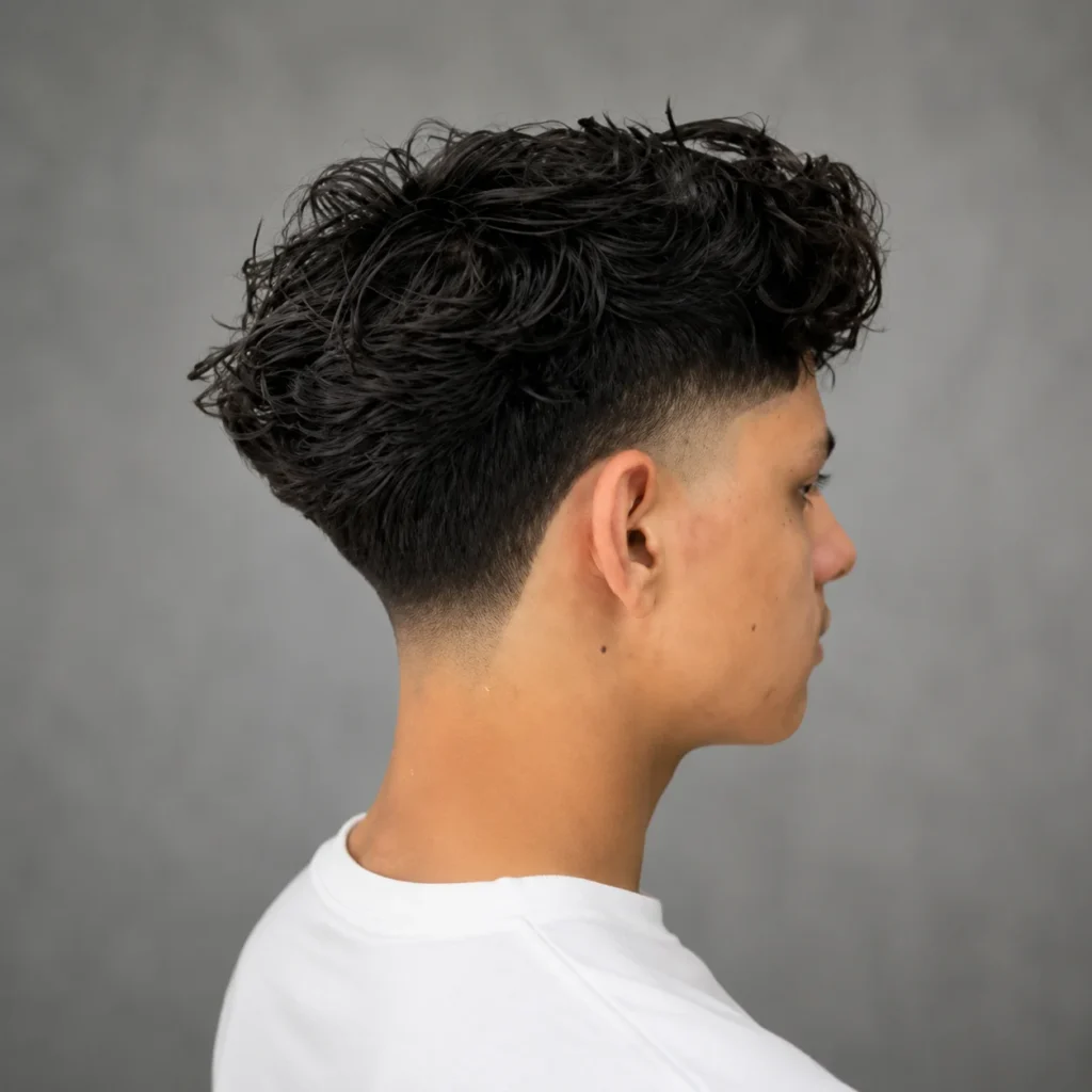 Tampak samping seorang pria muda dengan rambut hitam tebal dan bergelombang yang ditata dengan potongan **tapered fade**, mengenakan kaus putih, dengan latar belakang abu-abu yang halus — ideal untuk menampilkan gaya potongan rambut fade yang modern.