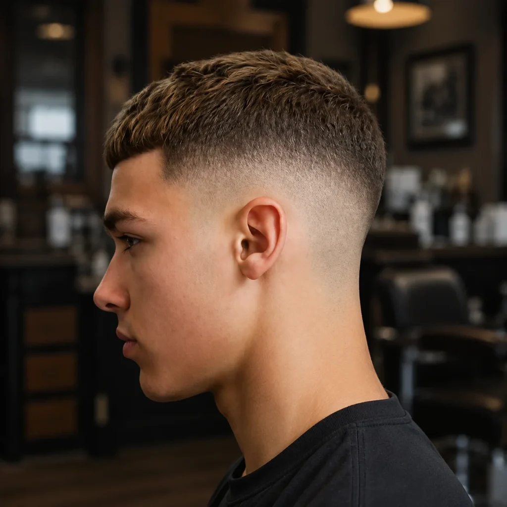 Pria muda dengan potongan rambut mid fade di barbershop.