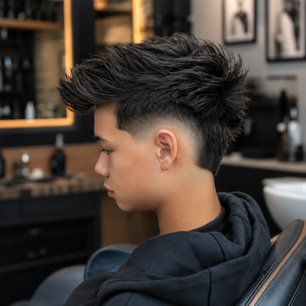 Profil sisi seorang budak lelaki dengan potongan rambut spike bertekstur dan low fade yang kemas, memakai hoodie gelap, duduk di kedai gunting rambut moden dengan latar belakang kabur yang lembut.