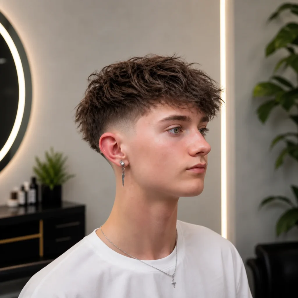 Lelaki muda dengan gaya rambut **textured crop** dan potongan **low fade** dalam suasana kedai gunting rambut moden.
