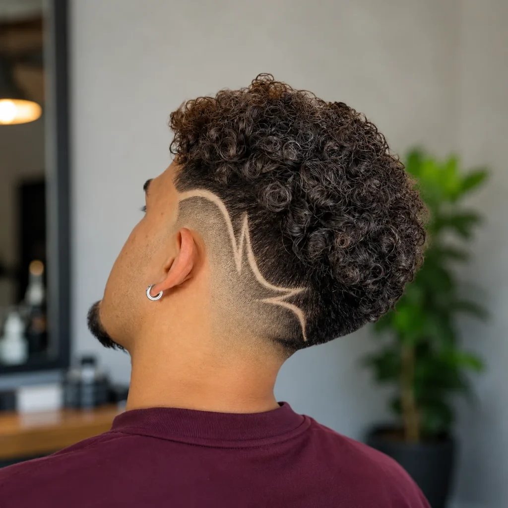 Potongan rambut curly high fade dengan desain garis cukur yang tajam dan rambut keriting bertekstur di bagian atas, menampilkan skin fade yang rapi serta gaya barber modern yang stylish dalam suasana indoor profesional.