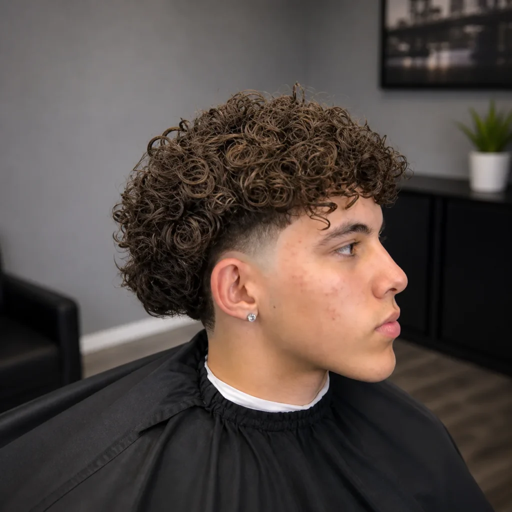 Tampak samping seorang pria muda dengan rambut ikal ketat dan potongan low fade yang rapi, menampilkan gaya textured fade modern dalam suasana barbershop.
