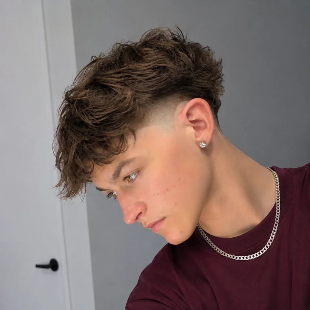 Pria muda dengan potongan rambut messy textured fade, mengenakan kemeja burgundy dan kalung rantai perak di dalam ruangan.
