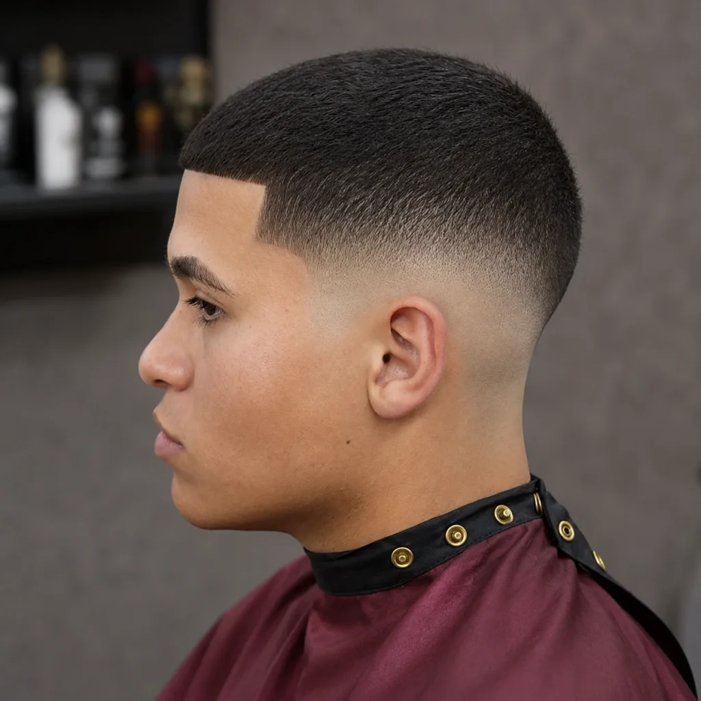 Mexican taper fade haircut dengan cape barber berwarna burgundy, berlatar belakang indoor.
