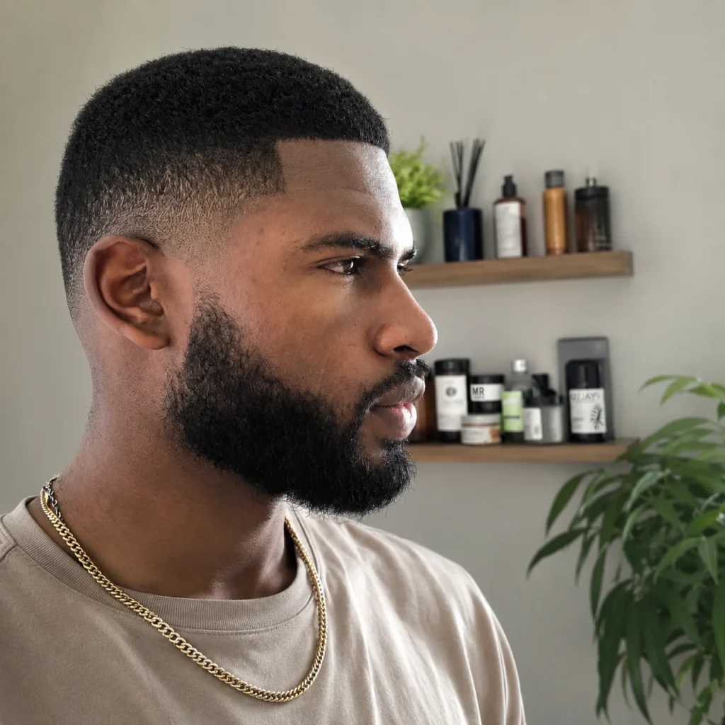 Side profile of a man with a clean mid bald fade haircut and full beard, featuring sharp fade blending with short textured hair on top. The modern fade haircut is styled neatly in a professional indoor setting with a soft neutral background.