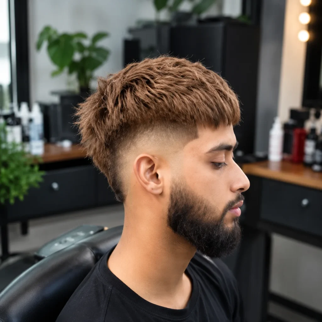 Profil sisi seorang lelaki dengan potongan rambut textured crop dan mid skin fade, sisi yang berbaur kemas dengan janggut penuh, digayakan dalam suasana kedai gunting rambut moden.