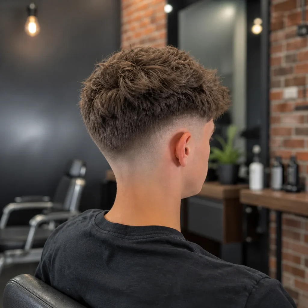 Potongan rambut **fade** dengan bahagian atas kerinting bertekstur, pandangan belakang gaya rambut lelaki moden dengan skin fade yang licin dan sekata dalam suasana kedai gunting rambut profesional – fadehaircut.blog
