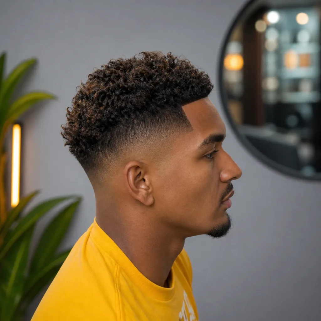 Curly top dengan potongan mid skin fade, tampak samping seorang pria dengan line-up yang tajam dan fade yang menyatu rapi, menampilkan gaya fade haircut pria yang modern dan stylish untuk website fade haircut.
