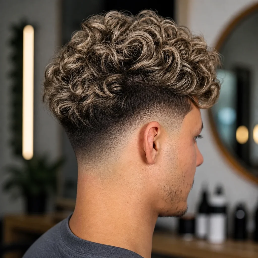 Potongan rambut **curly fade** yang bergaya untuk lelaki dengan sisi yang kemas dan ketat serta bahagian atas yang penuh dan berisi.
