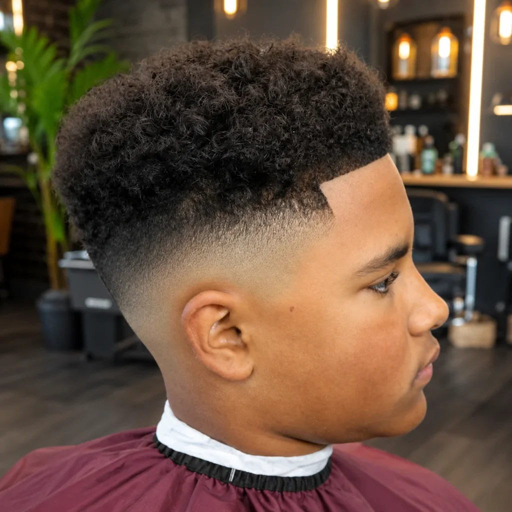 Potongan rambut curly mid fade anak-anak dengan garis rambut tajam dan ikal bertekstur, bergaya modern untuk inspirasi gaya barbershop.
