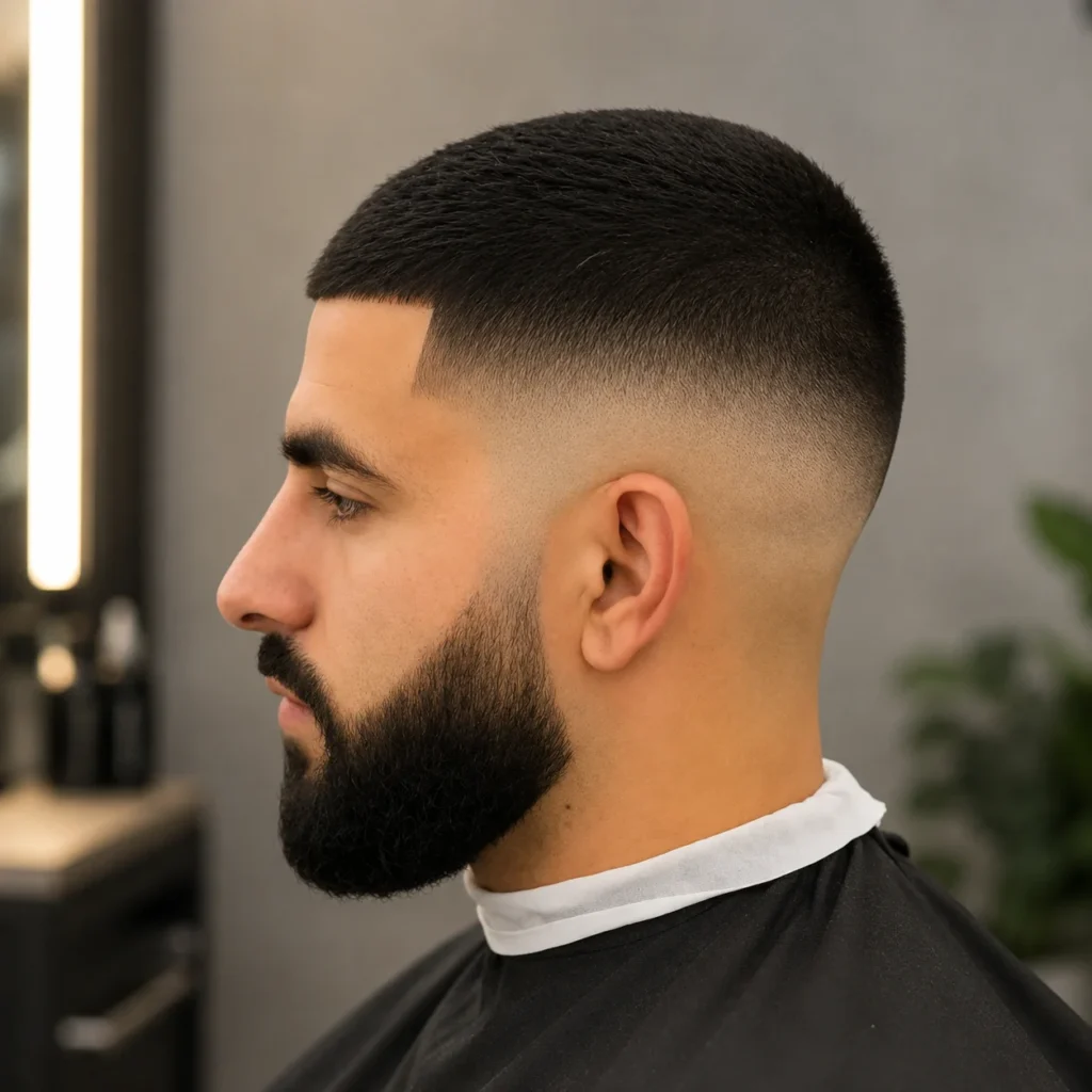 Gaya rambut mid fade buzz cut dengan janggut yang rapi dan fade yang bersih, tampilan profil samping potongan rambut pria.
