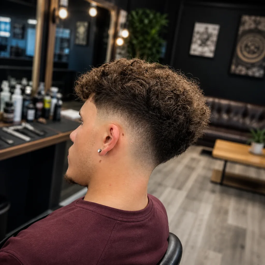 Potongan rambut curly fade pada pria muda di barbershop modern, menampilkan low skin fade yang bersih dengan rambut ikal bertekstur di bagian atas, ditata rapi dengan garis tegas dan hasil akhir yang segar serta profesional.
