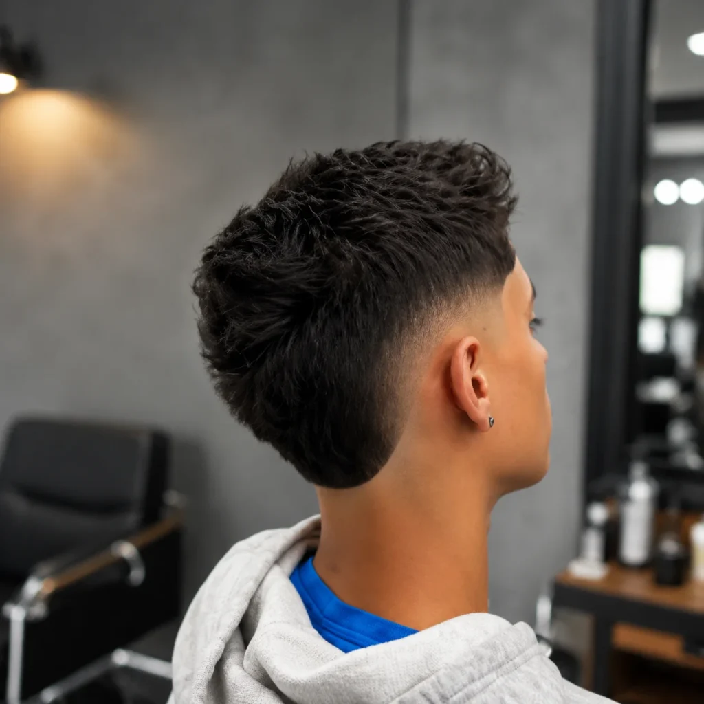 Pandangan belakang seorang lelaki muda dengan potongan rambut crew cut bertekstur dan high fade, memakai T-shirt biru dan hoodie cerah dalam kedai gunting rambut moden.
