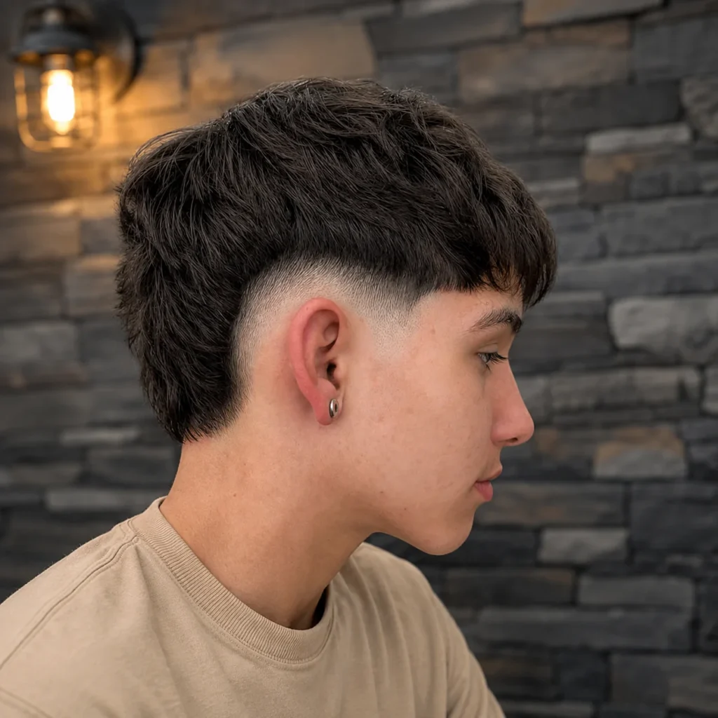 Rambut gelap bertekstur dengan potongan mid fade yang bersih dan gradasi yang tajam, tampilan samping gaya rambut pria modern dengan kemeja beige dan latar belakang barbershop yang stylish – fadehaircut.blog
