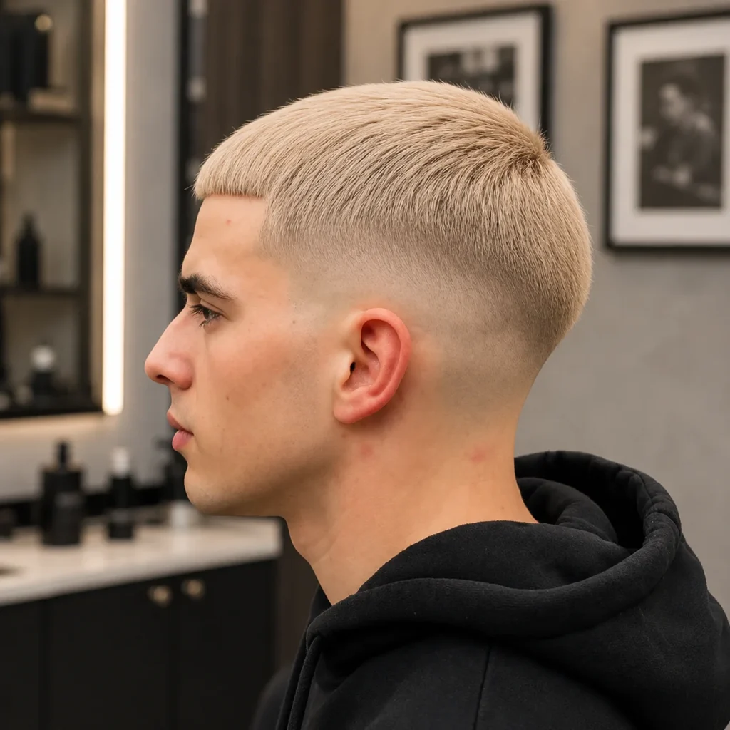 Potongan rambut mid-high fade pendek untuk pria dengan taper fade rapi dan bagian atas textured crop, gaya rambut barber modern tampak dari sisi samping dengan garis leher yang tajam – fadehaircut.blog