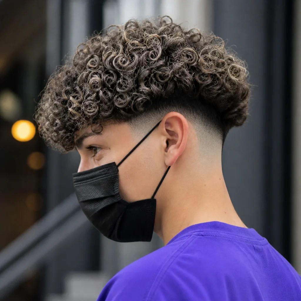 Potongan rambut curly top fade dengan low taper yang rapi serta garis tepi yang tajam, tampilan samping seorang pemuda memakai masker hitam dengan gaya street-style modern dan latar belakang yang blur.
