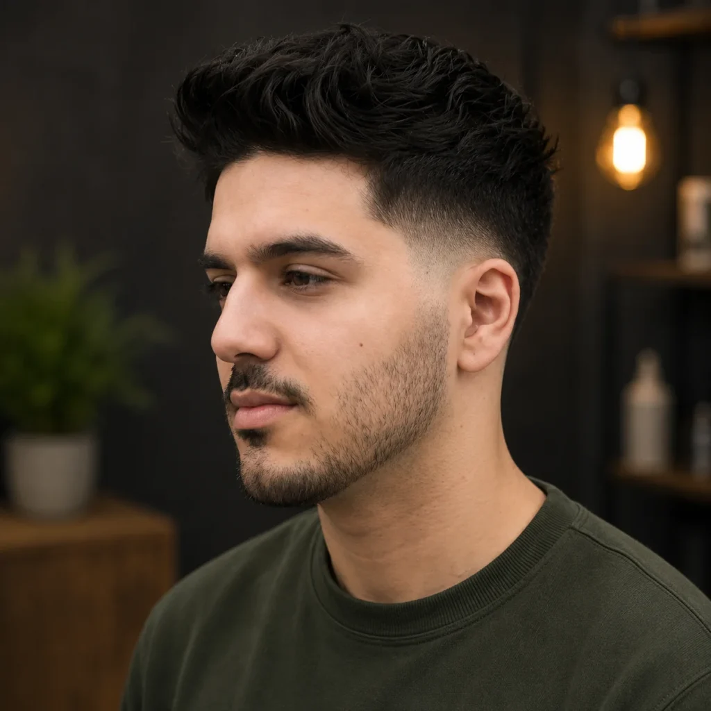 Potret seorang pria muda stylish dengan gaya rambut textured quiff dan potongan mid fade yang rapi, mengenakan sweatshirt warna hijau zaitun gelap di latar belakang studio modern dengan pencahayaan lembut.
