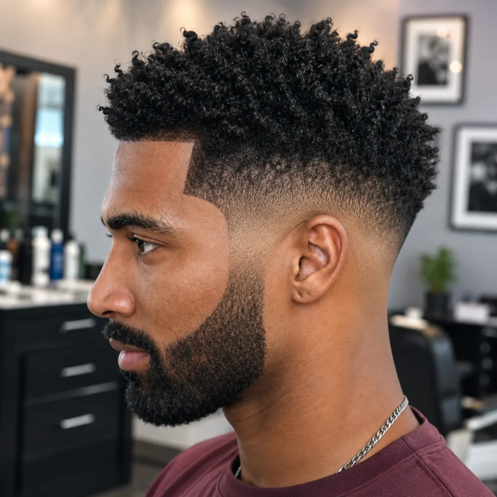 Potongan rambut mid taper fade dengan bagian atas keriting bertekstur dan garis janggut tajam pada pria kulit hitam di barbershop stylish – inspirasi gaya rambut fade modern untuk fadehaircut.blog
