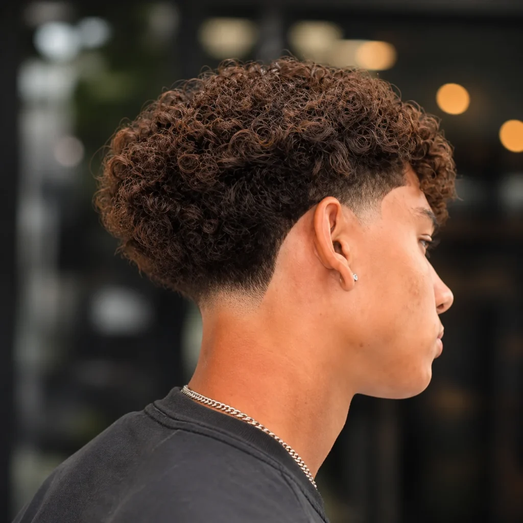 Potongan rambut low fade curly untuk pria dengan tampilan samping, menampilkan taper fade yang rapi dan ikal alami bertekstur di bagian atas, menciptakan gaya fade modern dan stylish untuk website fade haircut.
