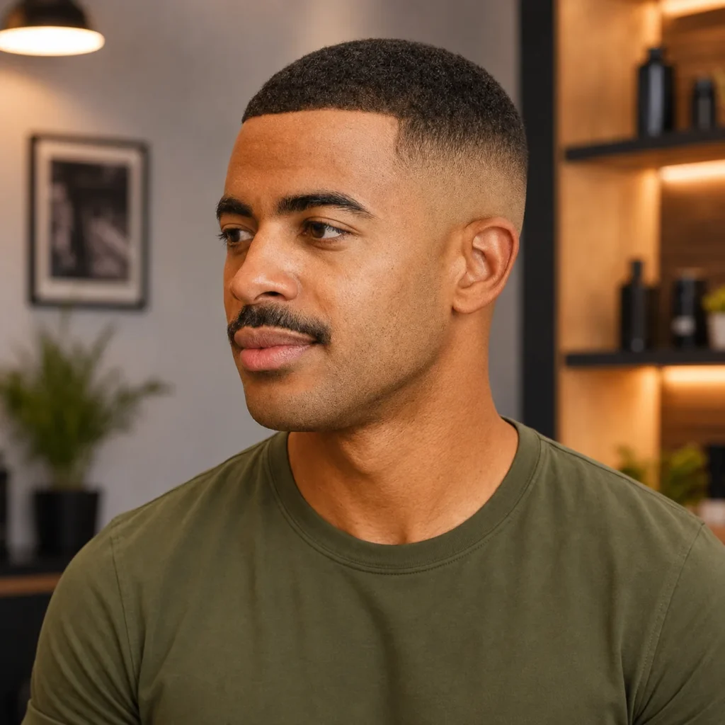 Lelaki berkulit hitam dengan potongan rambut low fade yang kemas dan rambut keriting pendek, memakai kemeja gaya tentera berwarna hijau olive dalam suasana kedai gunting rambut moden di dalam bangunan.
