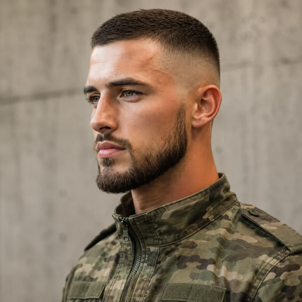 Potret profesional seorang lelaki dengan potongan rambut military fade yang tajam dan janggut penuh, memakai jaket tentera bercorak camouflage dengan latar belakang neutral moden, menampilkan gaya maskulin yang kemas serta fade yang bersih dan bergaya.
