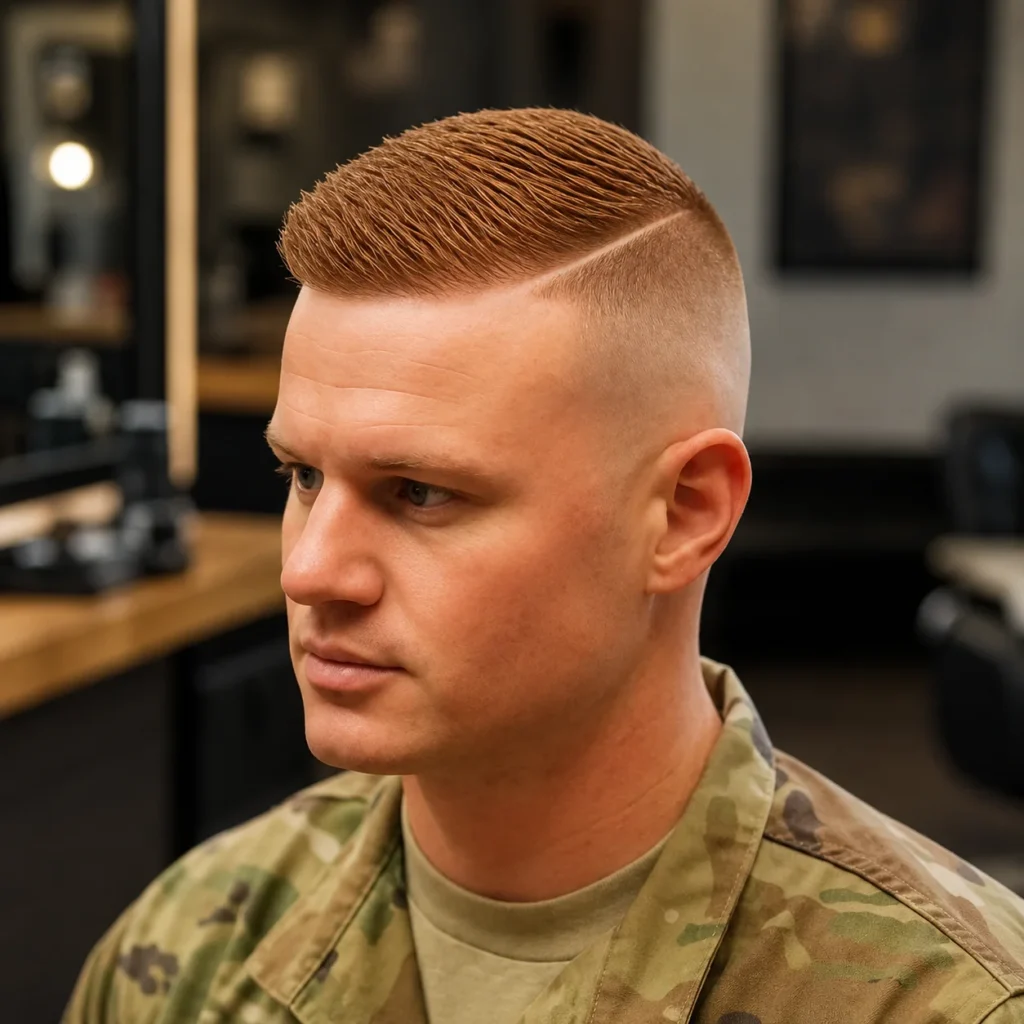 Potongan rambut military hard part dengan high skin fade dan belahan samping yang disisir rapi untuk pria, potongan barber yang tajam dan bersih dengan outfit kamuflase – fadehaircut.blog