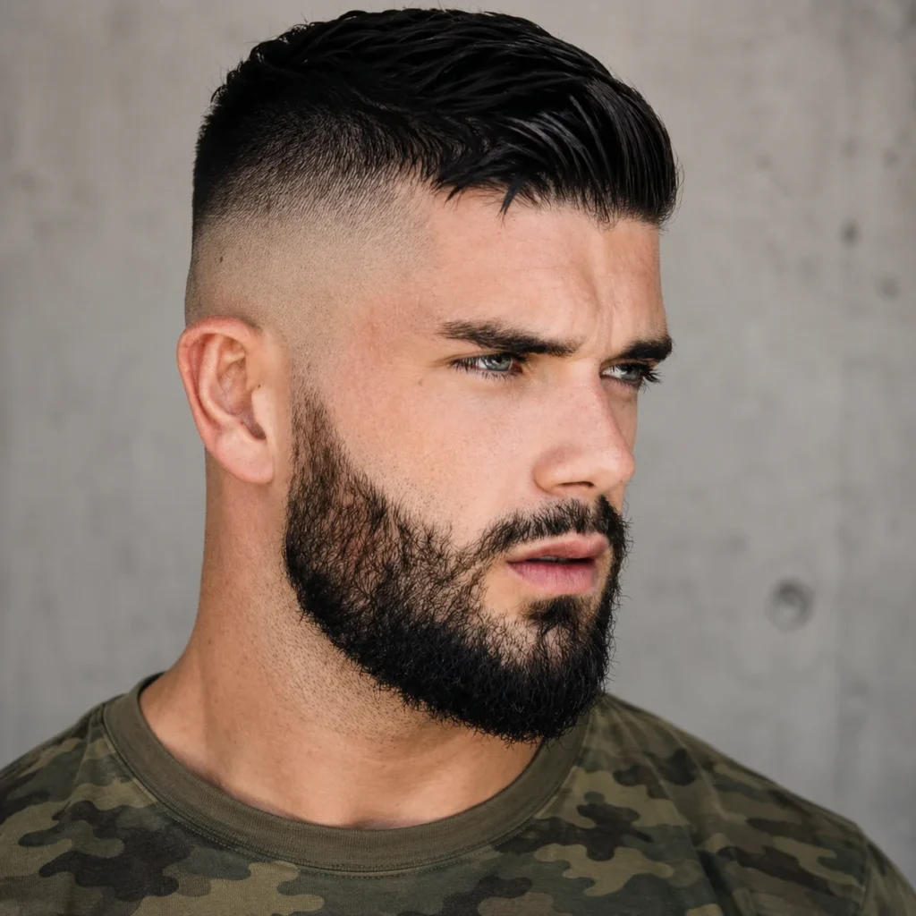 Potret profesional seorang lelaki dengan potongan rambut high fade dan janggut penuh yang tebal, memakai kemeja tentera bercorak camouflage dengan latar belakang neutral moden, menampilkan gaya barber maskulin yang tajam dan fesyen berinspirasikan tentera.
