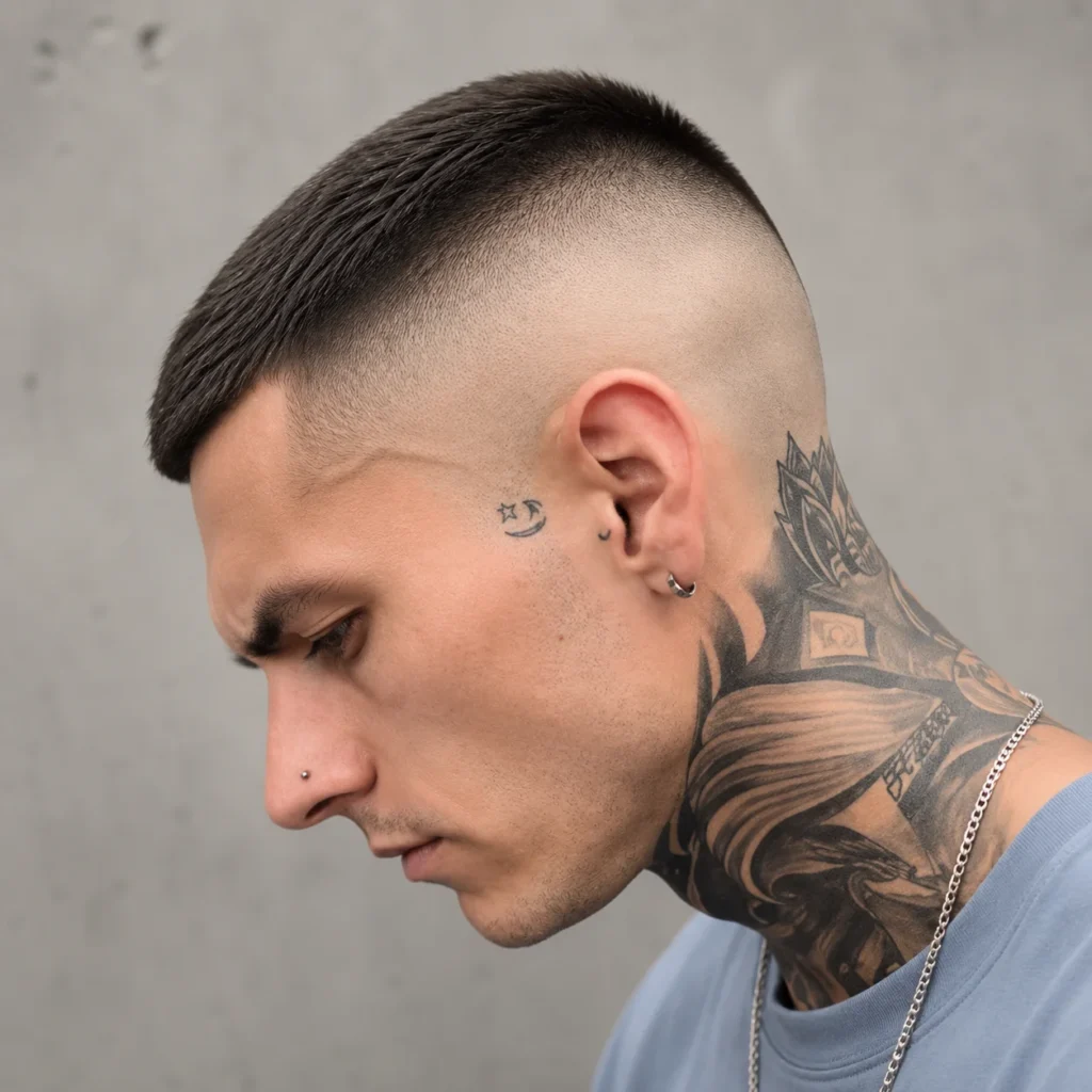 Tampilan samping seorang pria dengan buzz cut dan high skin fade, menampilkan tato di leher dan tindik telinga, dengan gaya barber modern yang bersih serta latar belakang abu-abu lembut.
