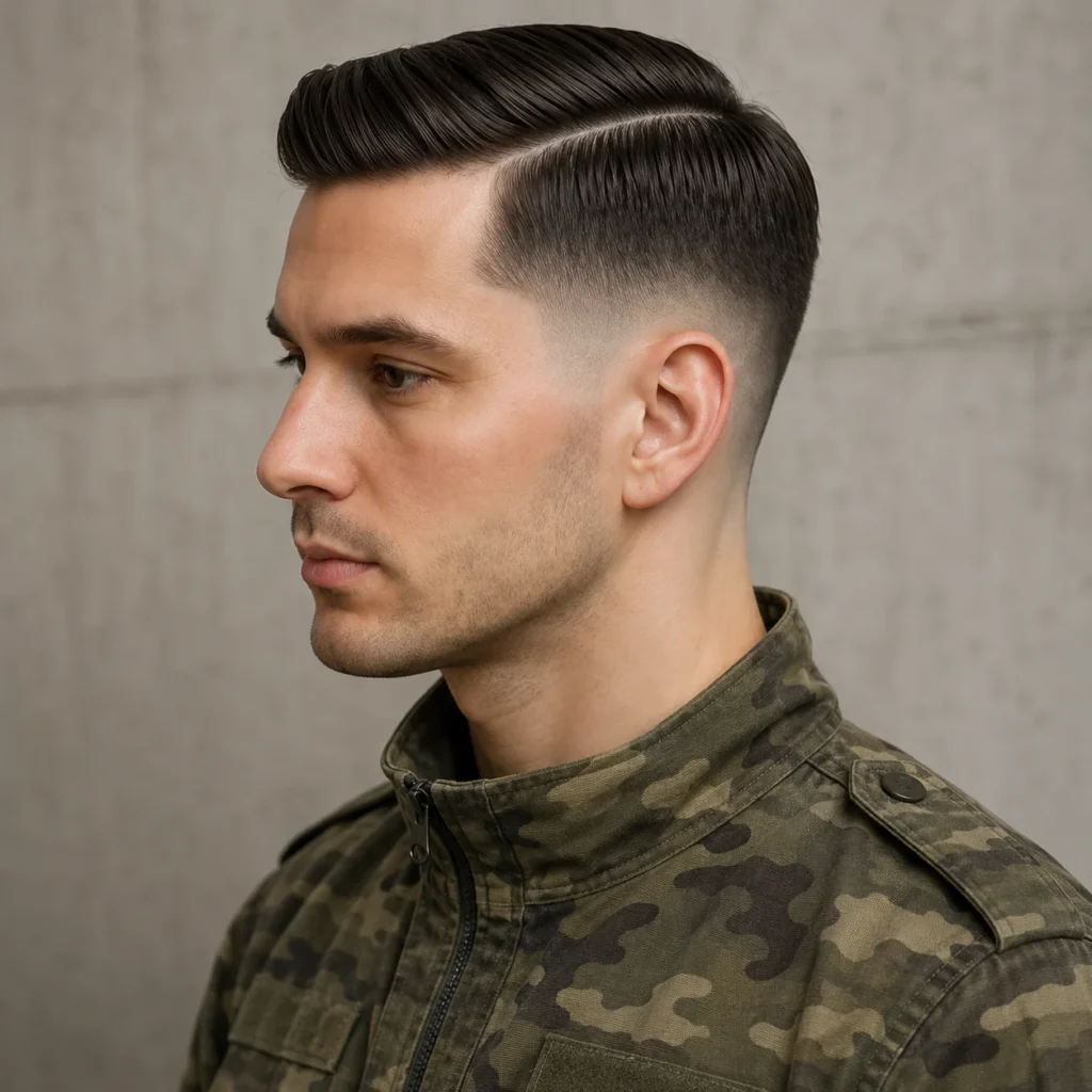 Potret profesional profil sisi seorang lelaki dengan potongan rambut comb-over fade yang kemas, memakai jaket tentera bercorak camouflage dengan latar belakang neutral yang lembut, menampilkan gaya barber moden yang tajam dan penampilan maskulin yang rapi.
